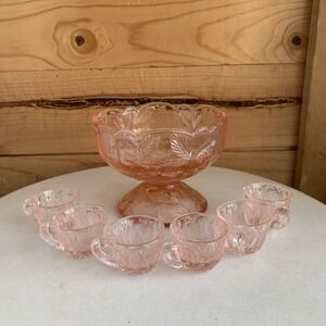 Vintage Mosser Pink Glass Miniature Punch Bowl 6 Cup Set Inverted Strawberry